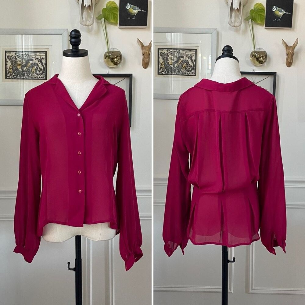 Vintage Elite Cranberry Polyester Voile Blouse Back Pleated L